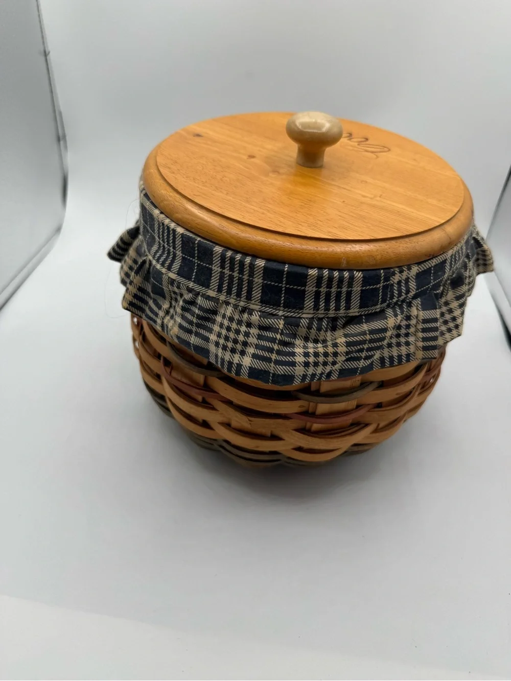 Woven Basket Cookie Jar Wooden Lid Plastic Liner Navy Blue Cotton Fabric Cover